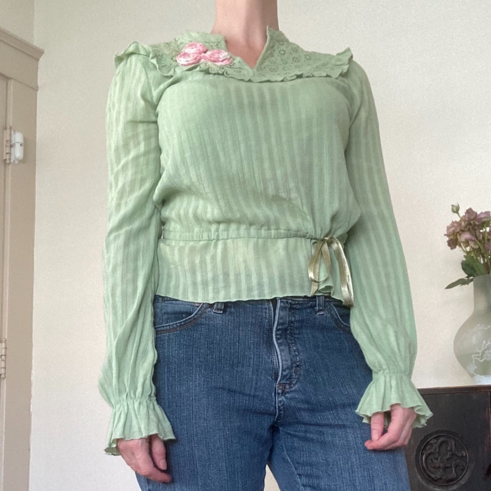 Green Free People Top: Long Sleeve Pink Crochet